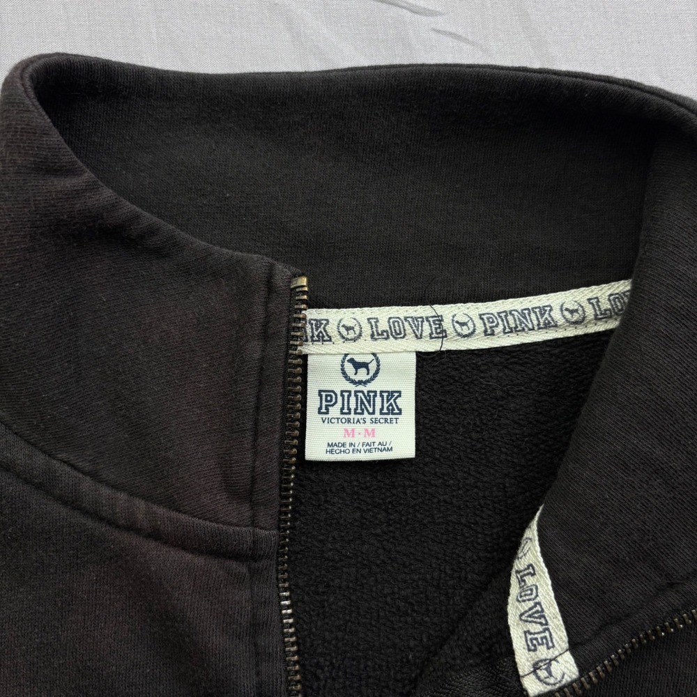 Victorias Secret PINK Quarter Zip Sweatshirt Black Zebra Logo Pullover Women M - Picture 2 of 11